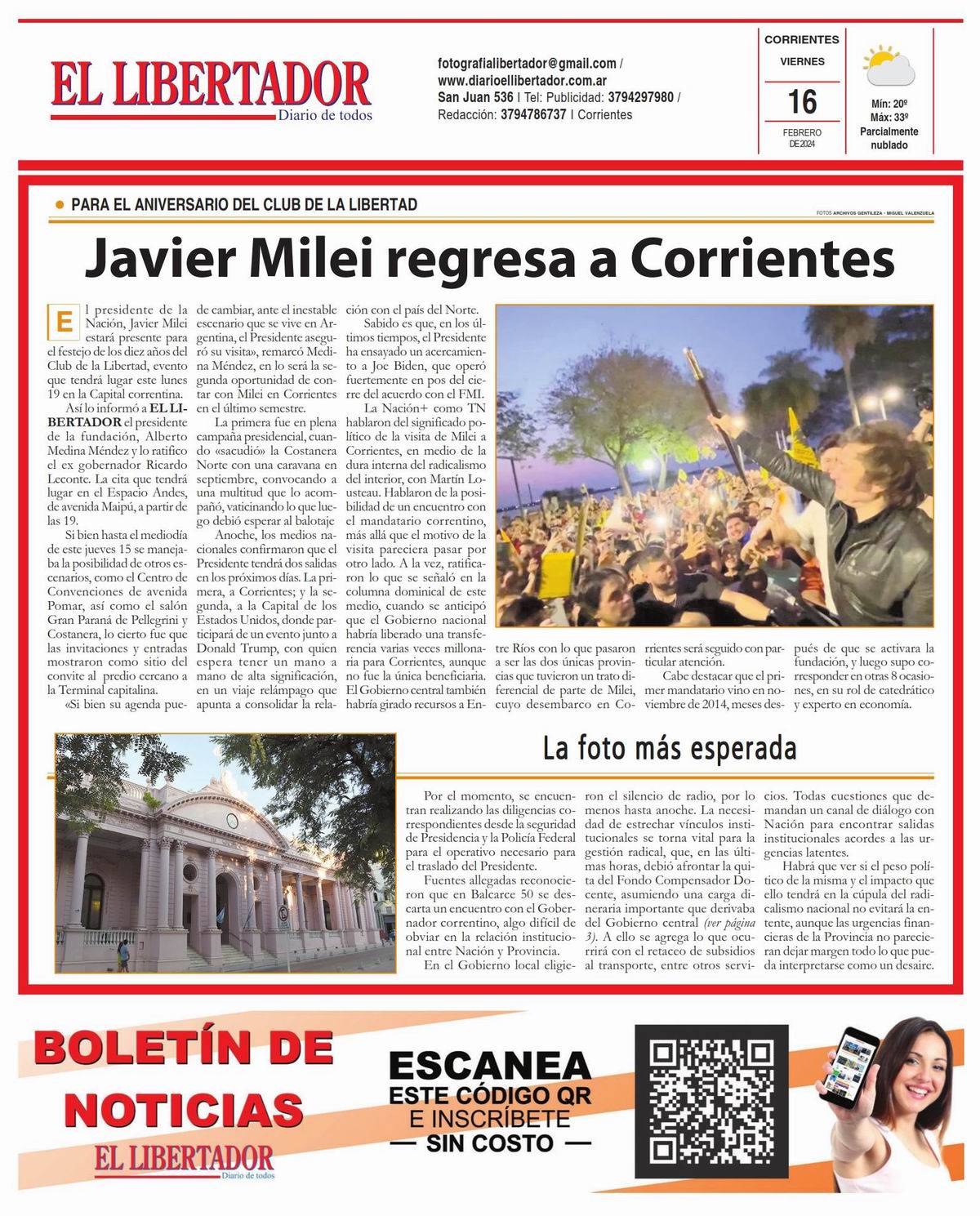 Tapa y Contratapa 16 de febrero de 2024 Diario El Libertador de